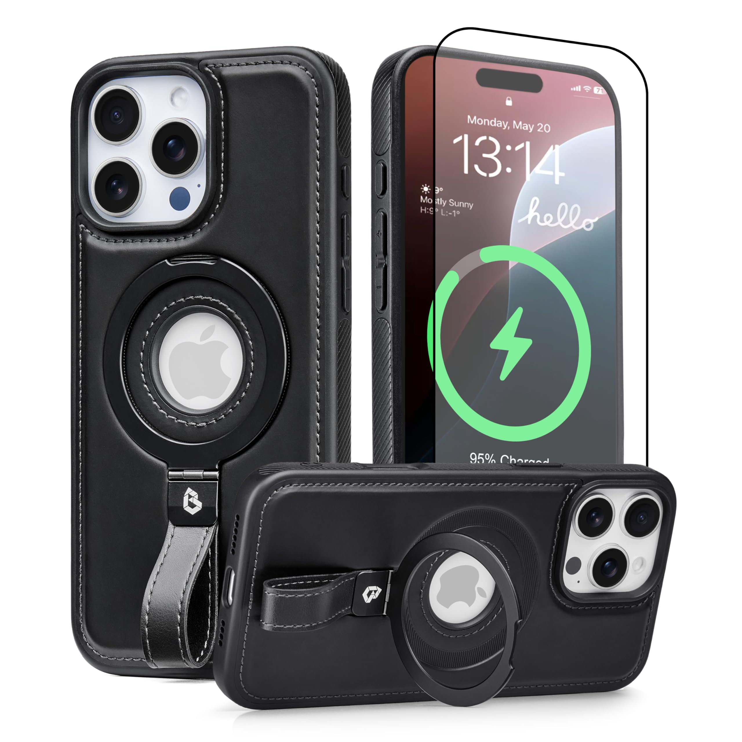 Photo 1 of BUTAIGA Magnetic Ring Grip Holder for iPhone 16 Pro Case Leather | iPhone 16 Pro Leather Case with Stand | Compatible with MagSafe (Black, IP 16 Pro-6.3inch)