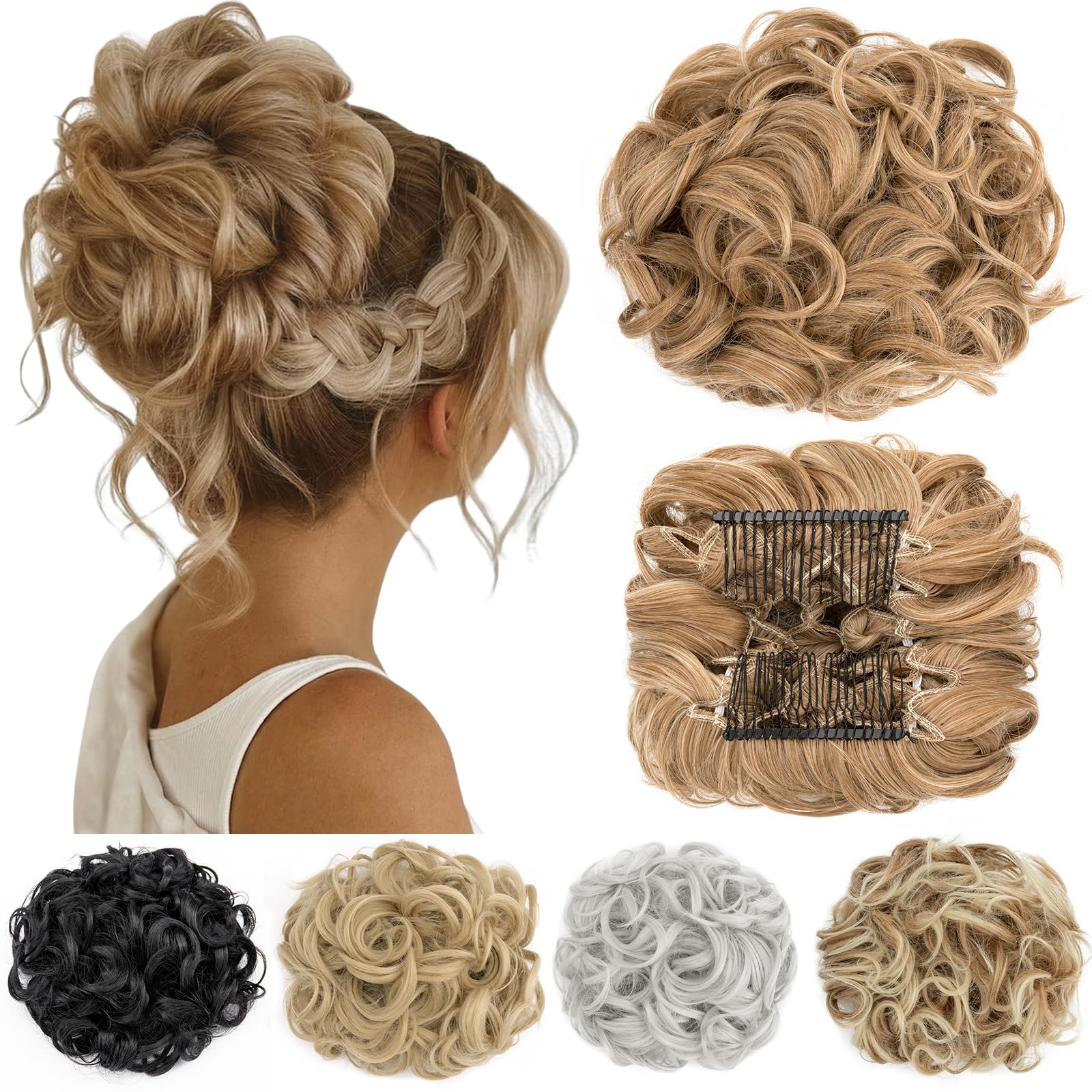 Short Messy Curly Dish Hair Bun Extension Easy Stretch hair Combs Clip in Ponytail Extension Scrunchie Chignon Tray Ponytail Hairpieces Blonde Highlight