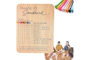 Cert Leidis Phase 10 Score Board, 2025 New Wooden Phase 10 Scoreboard and Round Tracker with 8 Colored Pegs, Phase 10 Score Sheets, Board Card Games for Party Family Adults