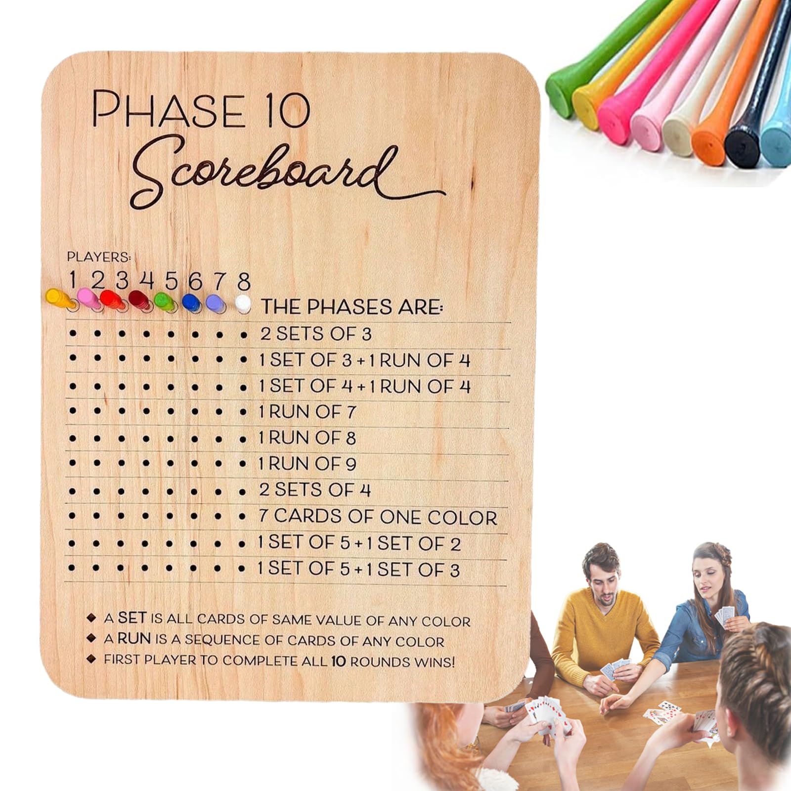 Photo 1 of Phase 10 Score Board, 2025 New Wooden Phase 10 Scoreboard and Round Tracker with 8 Colored Pegs, Phase 10 Score Sheets, Board Card Games for Party Family Adults