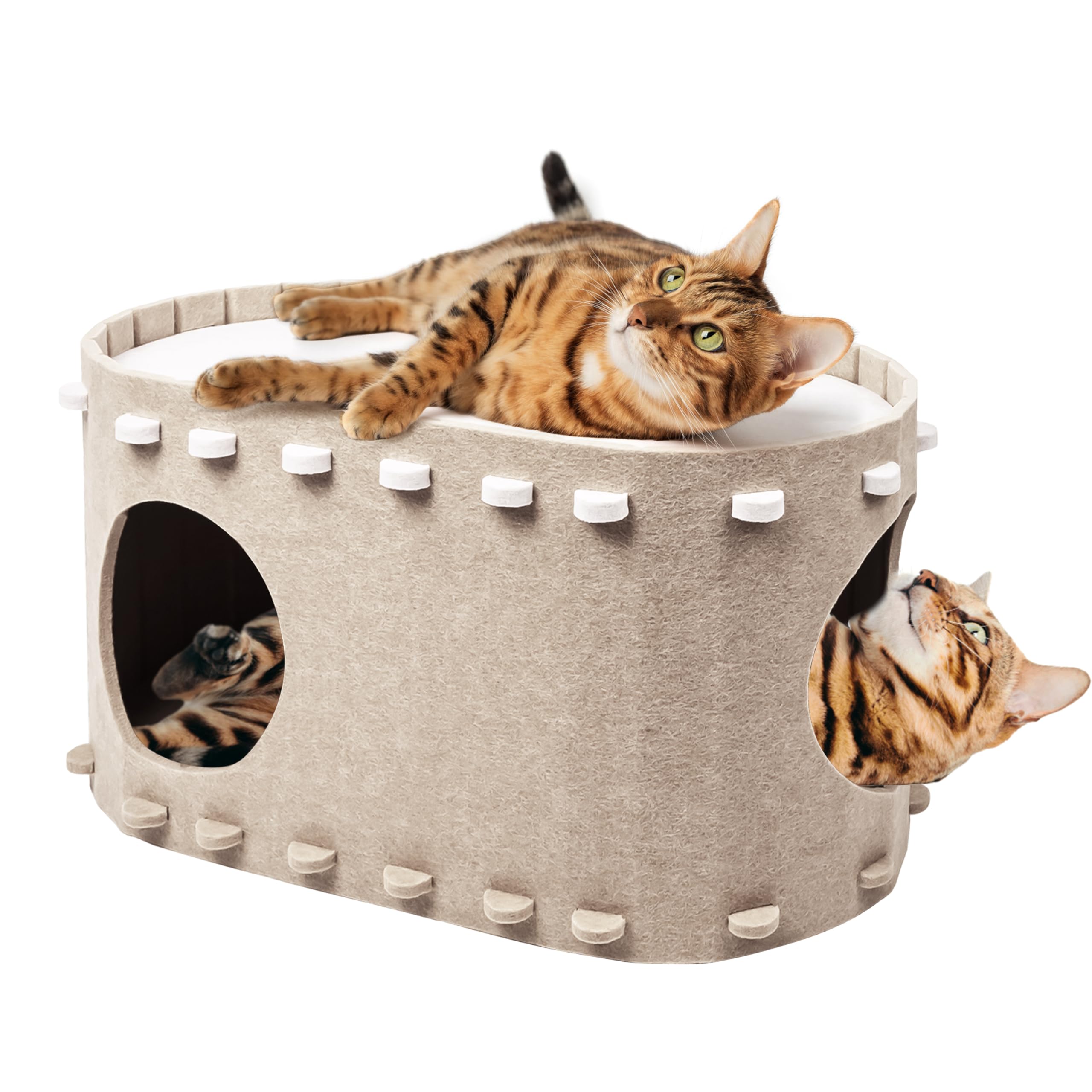 Photo 1 of Cat House for Indoor Cats, Cat Bed Cave for Multiple & Large Cats Up to 22 Lbs, Scratch Resistant Peekaboo Cat Caves, Foldable Cat Tunnel Enclosed Bed, PeekaPurr, Cream