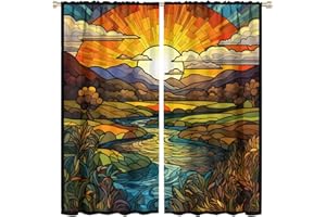 ESPROUTTY Vintage Countryside Mosaic Art Stained Glass Curtains - Beautiful Nature Scenery Window Treatment for Living Room, Bedroom, Kitchen - 21"W x 45"L x2 Decor