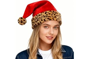 Greenery-GRE Faux Fur Leopard Print Christmas Hat Plush Warm Santa Cap Headwear for Adults for New Year Holiday Xmas Party