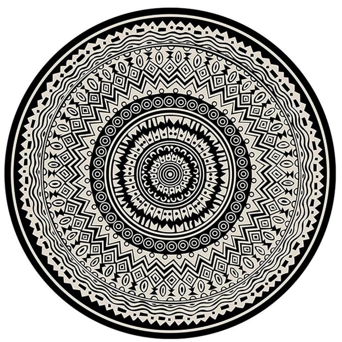 YYF-round carpet Teppich, Ethno-Stil, rund, waschbar, Schwarz/Weiß, Polyester, 180 cm