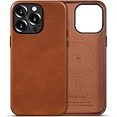 Belemay Compatible with iPhone 12 Pro Max Leather Case, Compatible with MagSafe, Premium Full-Grain Vegetable-Tanned Smooth Leather, Rich Patina, Secure Grip, Metal Buttons Cover (6.7") Saddle Brown