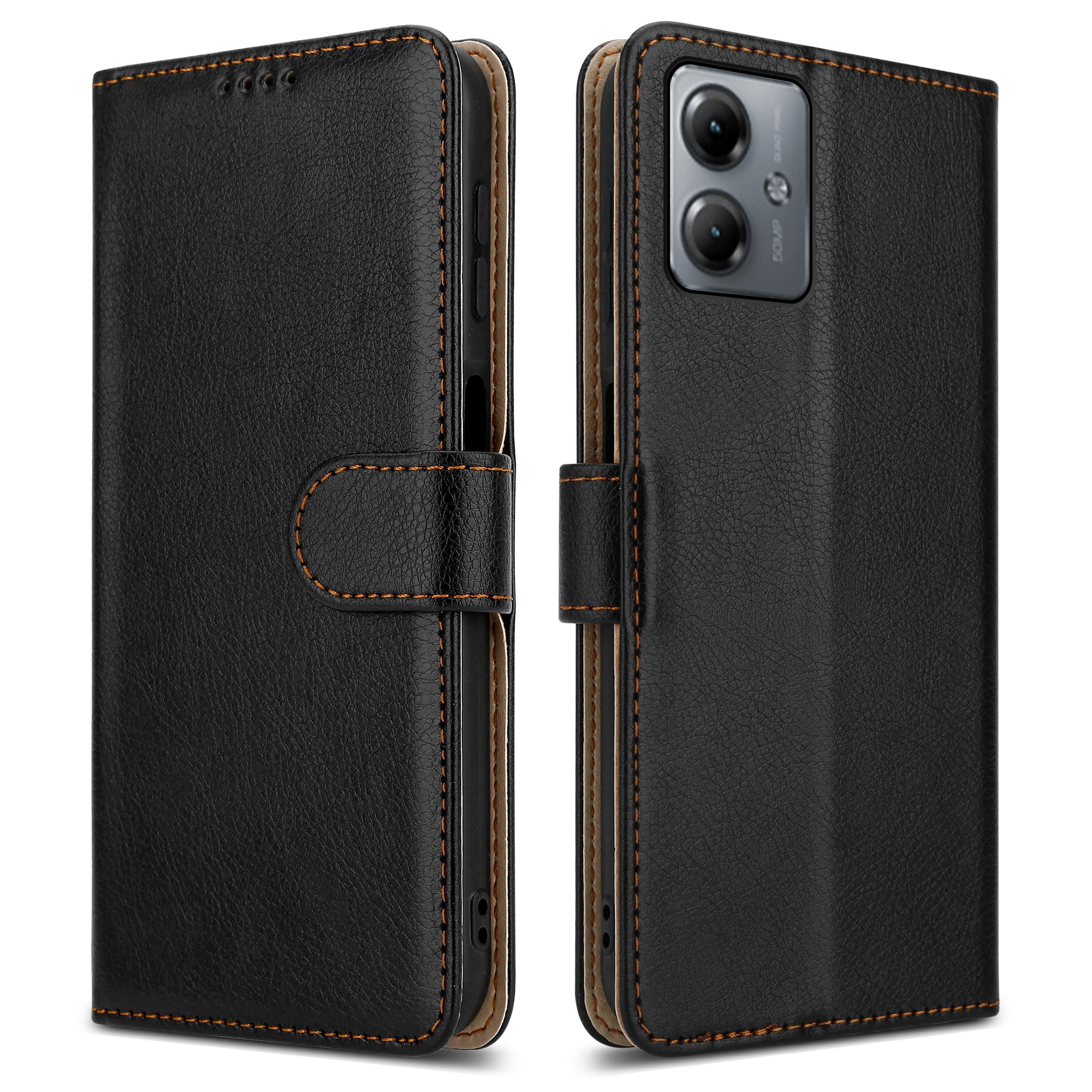 PIXFAB For Motorola G14 Leather Phone Case, Magnetic Closure Full Protection Book Folio Design, Wallet Case Cover [Card Slots] and [Kickstand] For Moto G14 - Black