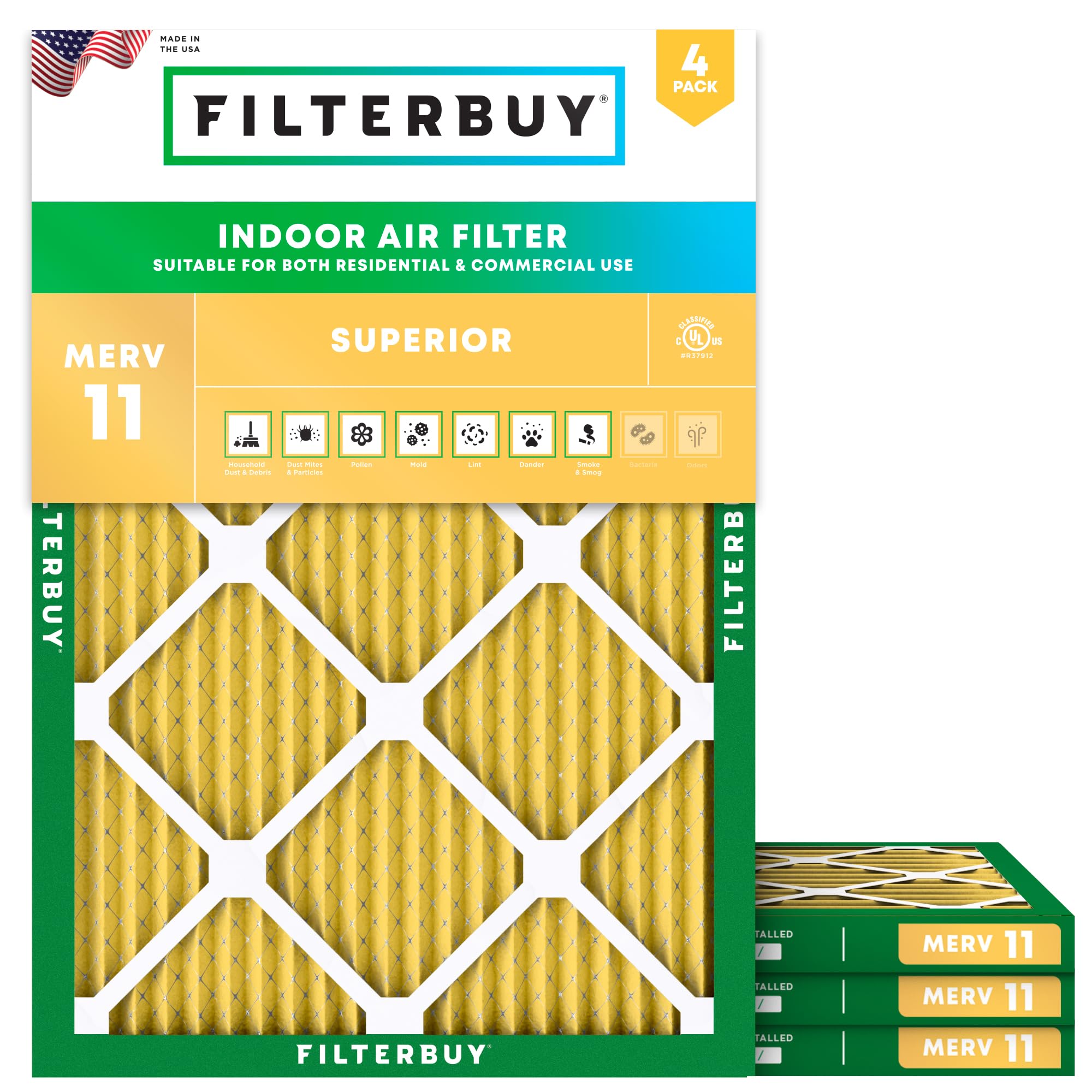 Filterbuy 21x23x1 Air Filter MERV 11 Superior Pet & Allergy Defense (4-Pack), Electrostatic Pleated HVAC AC Furnace Filters Replacement (Actual Size: 20.50 x 22.50 x 0.75)