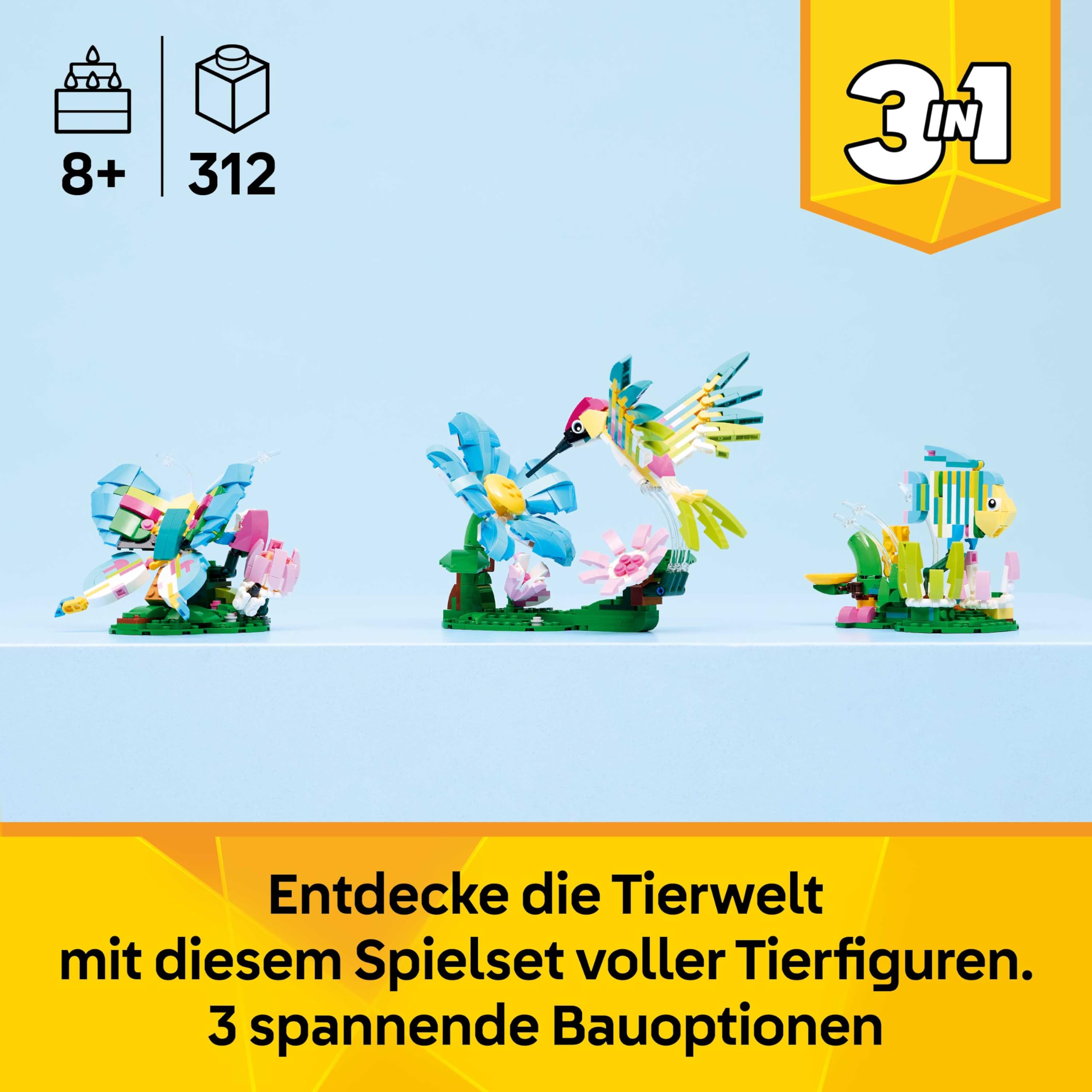LEGO Creator 3in1 Wild Animals: Colourful Hummingbird - Bird Toy Transforms into a Butterfly or Fish Figure - DIY Room Decor Idea - Creative Gift for 8+ Year Old Girls & Boys - 31384 2
