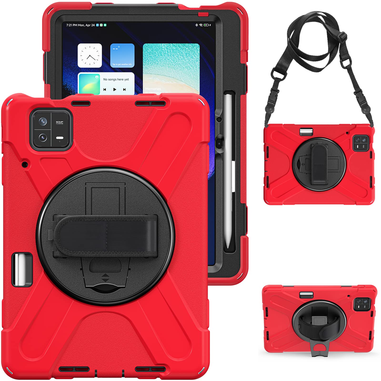 UFinetech Xiaomi Mi Pad 6/ Mi Pad 6 Pro Case, MiPad 6/ Pad 6 Pro Shockproof Case 11", 360 Rotate Stand Hand Strap Shoulder Strap Pencil Holder Protective Cover, Tablet for Men Women Kids 2023, Red