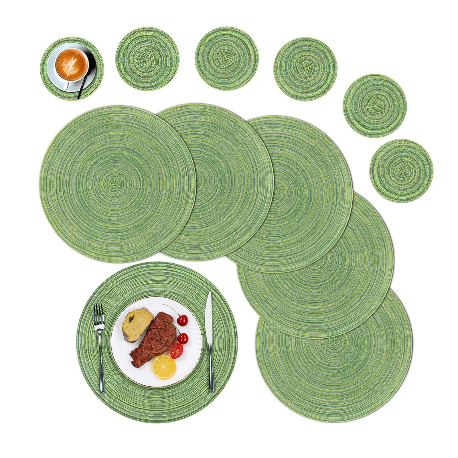 SHACOS Round Placemats and Coasters Set of 6, Round Braided Woven Place Mats Washable Green Table Mats and Coasters Sets Heat Resistant Table Mats for Kitchen Dining Table Home Restaurant