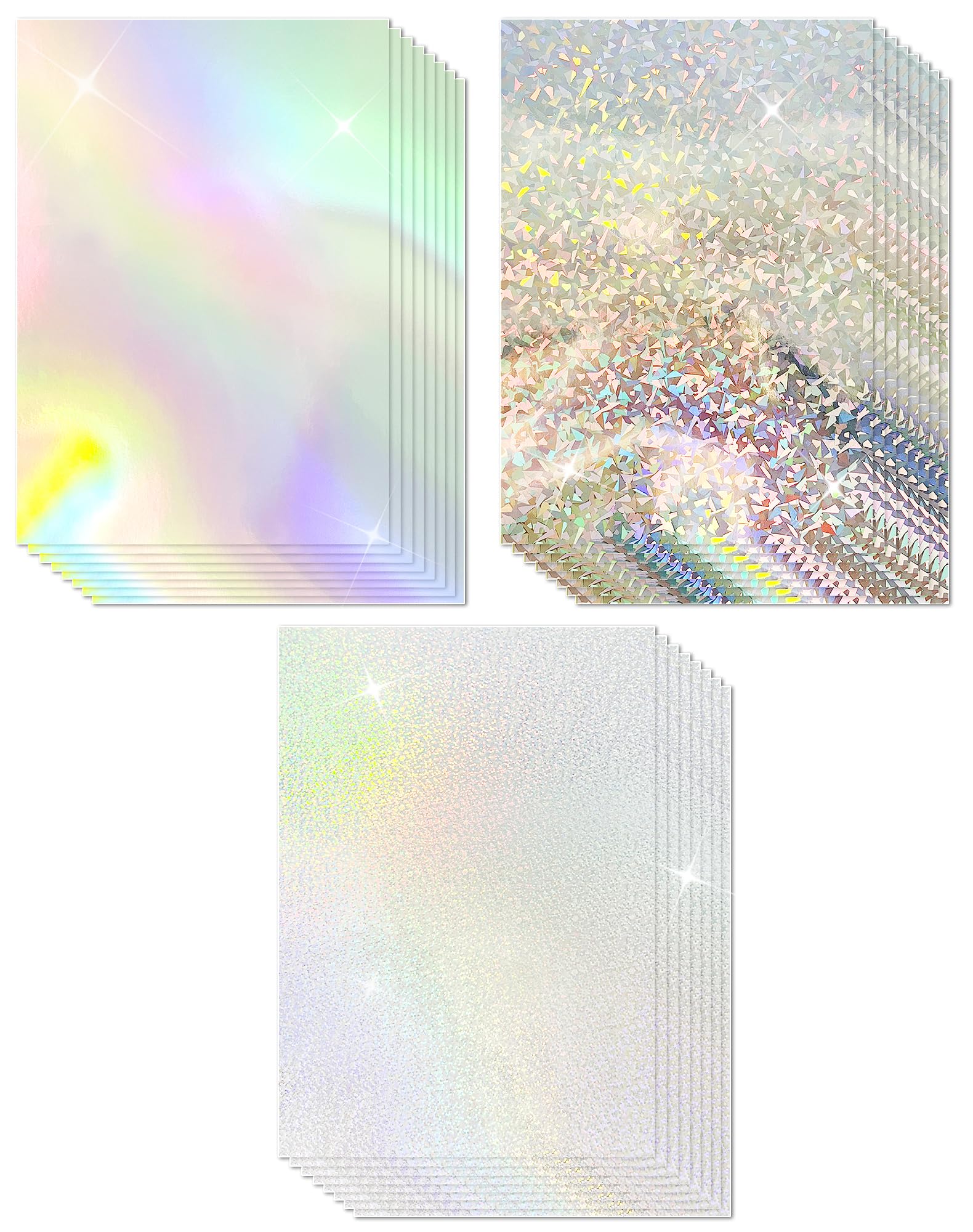 Cinvo 30 Pack Metallic Holographic Card Stock Shiny Iridescent A4 Thick Cardstock Mirror Paper Sheets Reflective Board for Cardmaking Scrapbook Poster Cardboard Party Decor DIY(8.5" x 11”, 3 Designs)