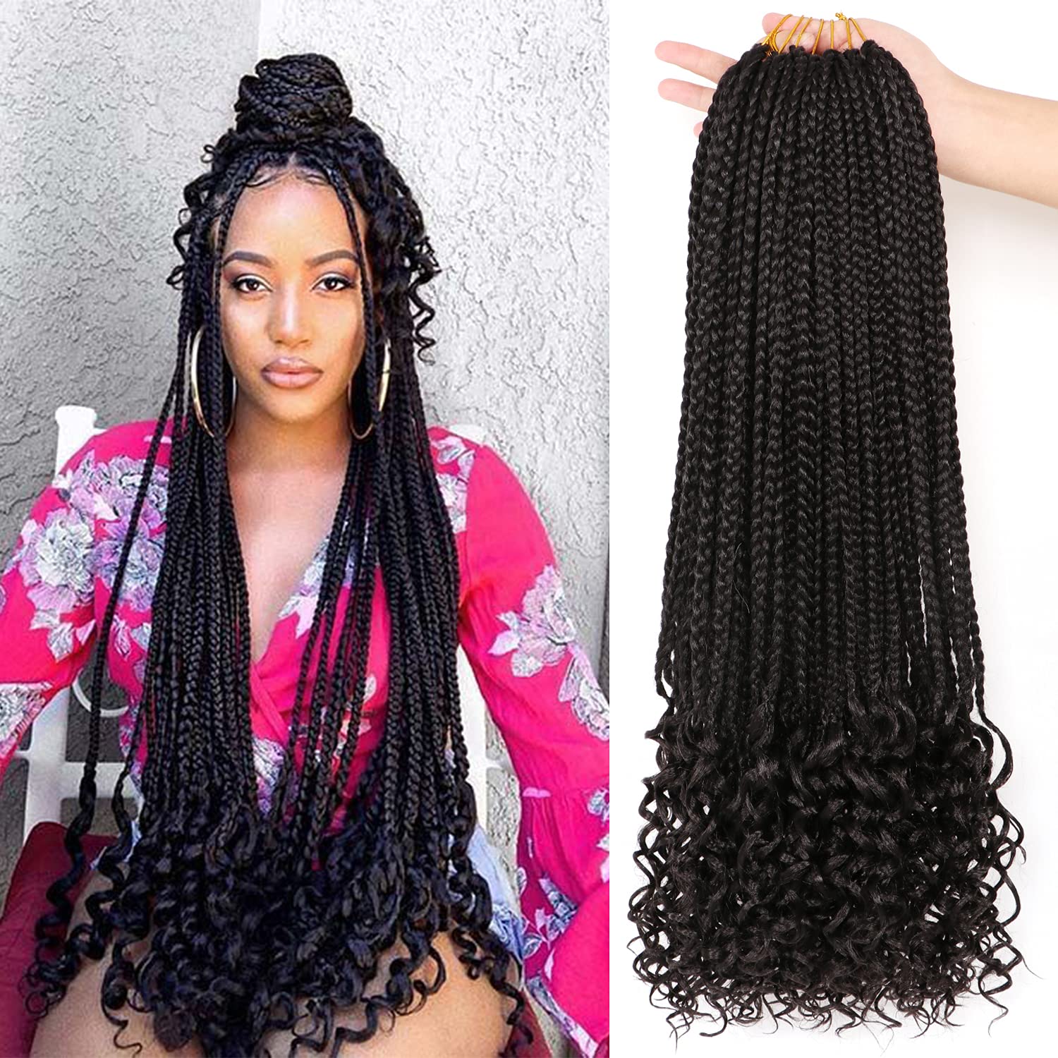 7 Packs Box Braids Crochet Hair Extensions with Curly Ends 3S Wavy Goddess for Black Women (24 Inch Pack of 7, #1B)
