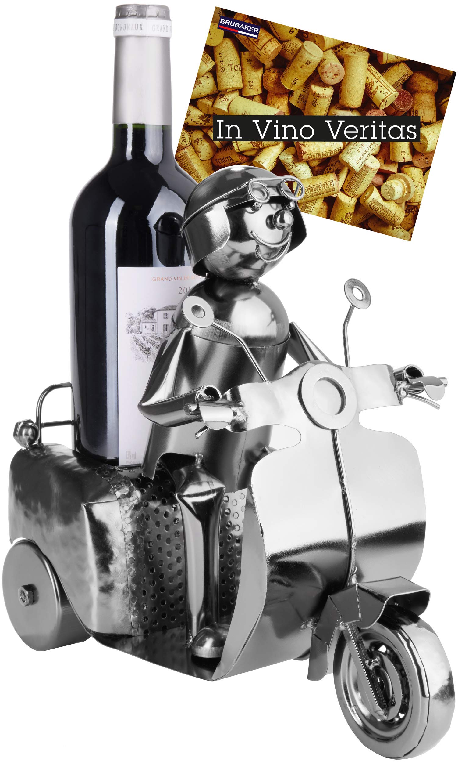 BRUBAKER Wine Bottle Holder Scooter Driver Silver - Metal Sculpture Bottle Stand - 10.6 In Metal Figure Wine Gift for Scooter Fans - with Greeting Card