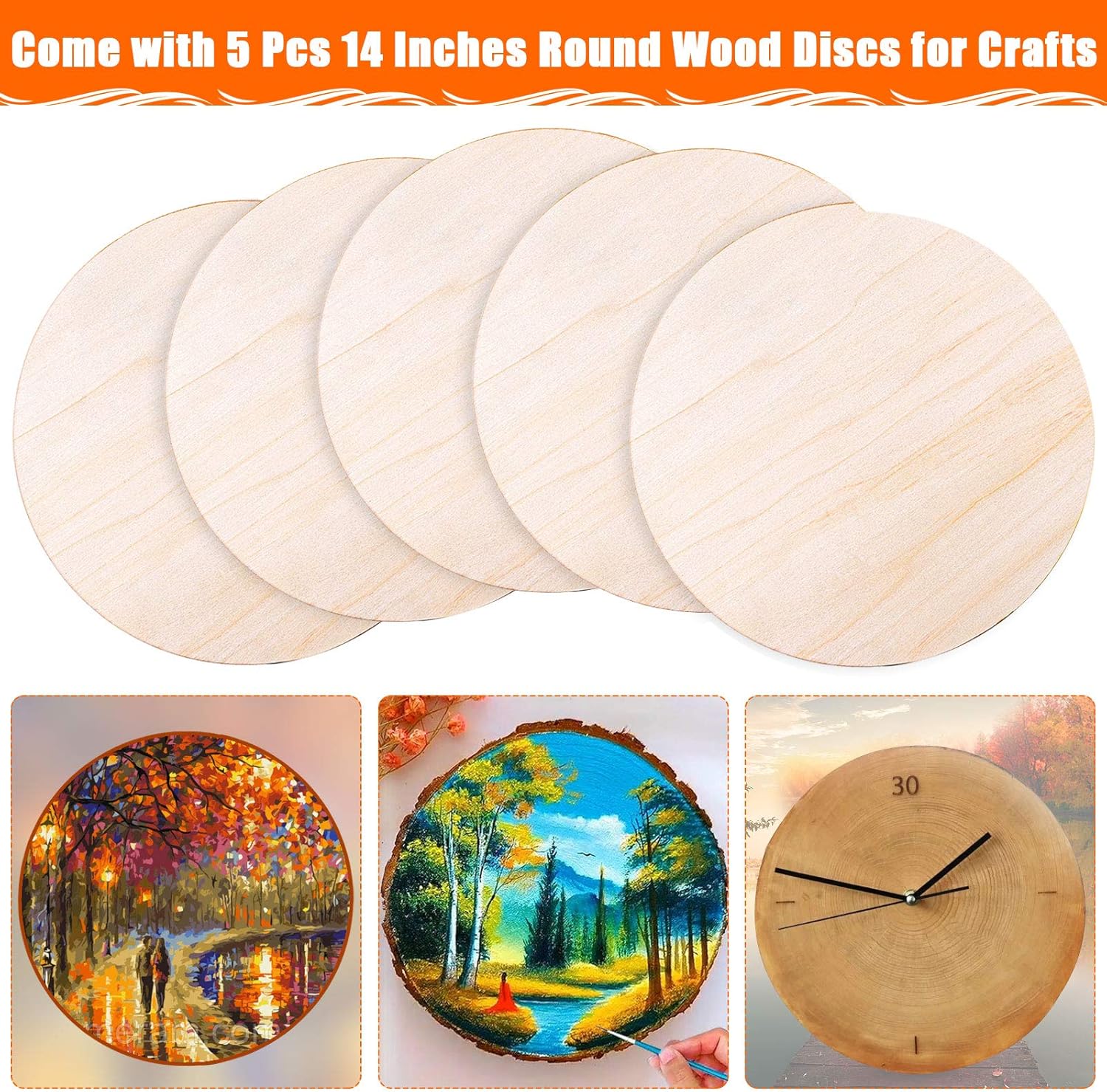 Round Wood Discs for Crafts, Audab 5 Pack 14 Inch Wood Circles Unfinished Wood Rounds Wood Plaque for Crafts, Door Hanger, Door Design, Wood Burning