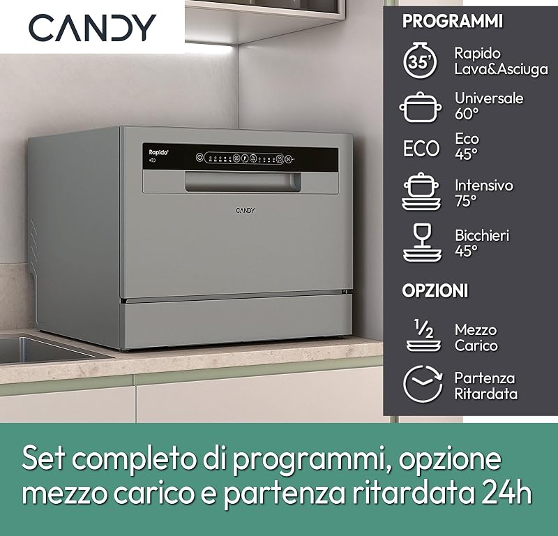 Rapidò Lavastoviglie Compatta da Tavolo 6 Coperti, Classe E, Silver