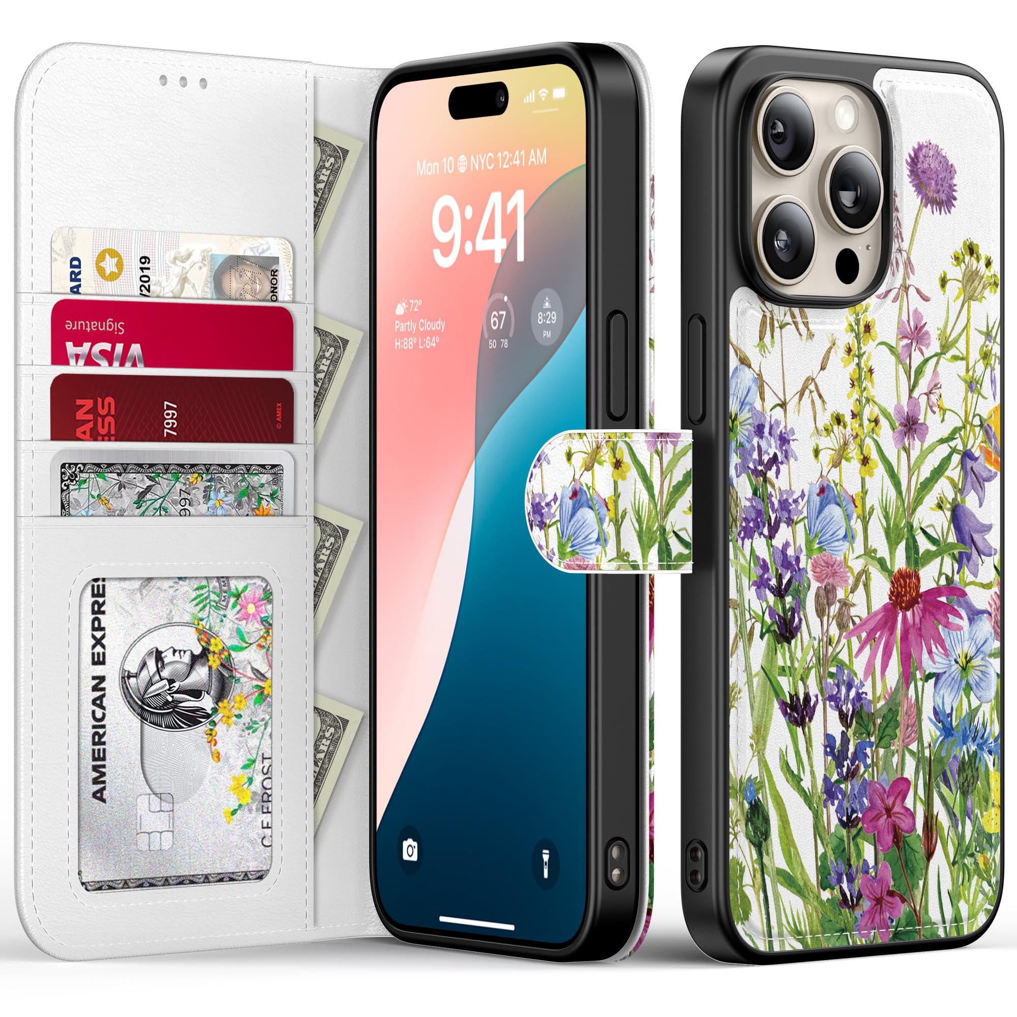 Photo 1 of FUNMIKO for iPhone 14 Pro Max Case Wallet,Detachable Flip Folio Leather Cover,RFID Blocking 4 Card Holder,Magnetic Kickstand,Protective Phone Shell for Women Girls,Blooming Wildflowers