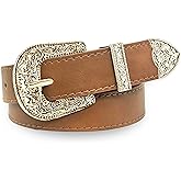 QIQILUXI Western Cowboy Cowgirl Belt for Women, Engraved Buckle PU Leather Belt for Jeans Dresses, 1.1" Wide, 27-48"