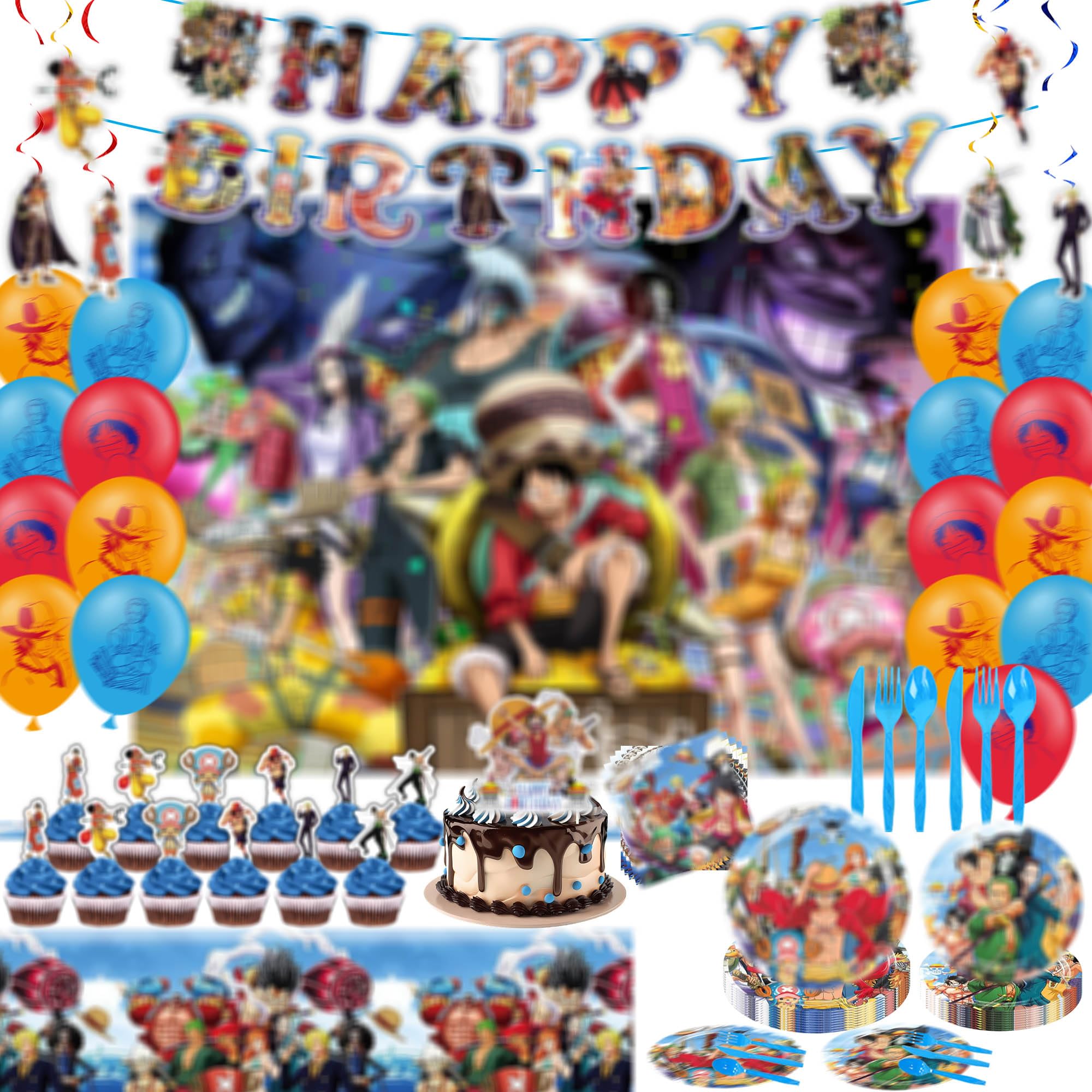 Photo 1 of 119Pcs Birthday Party Supplies Include Birthday Banner, Latex Balloon, Tablecloth, Paper Tableware, Hanging Swirl for Boys Theme Party Decorations