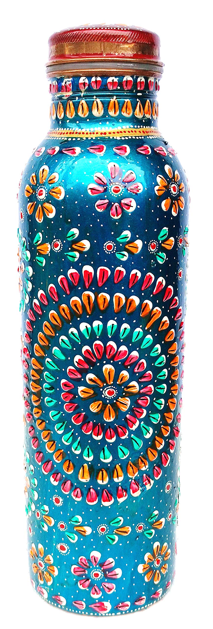 Rastogi Handicrafts Pure Copper Water Bottle for (Joint Free & leak proof) Hand Painted Art Work Only Outer Side