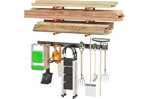 RICIAKIK Garage Tool Storage Rack Lumber Storage Racks, 48'' All Metal Garden Tool Organizer and 3-Level System Lumber Rack Wall Mount, Garden Tool Organizer with 10 Hooks, Max 960 lbs Super for Yard Tools