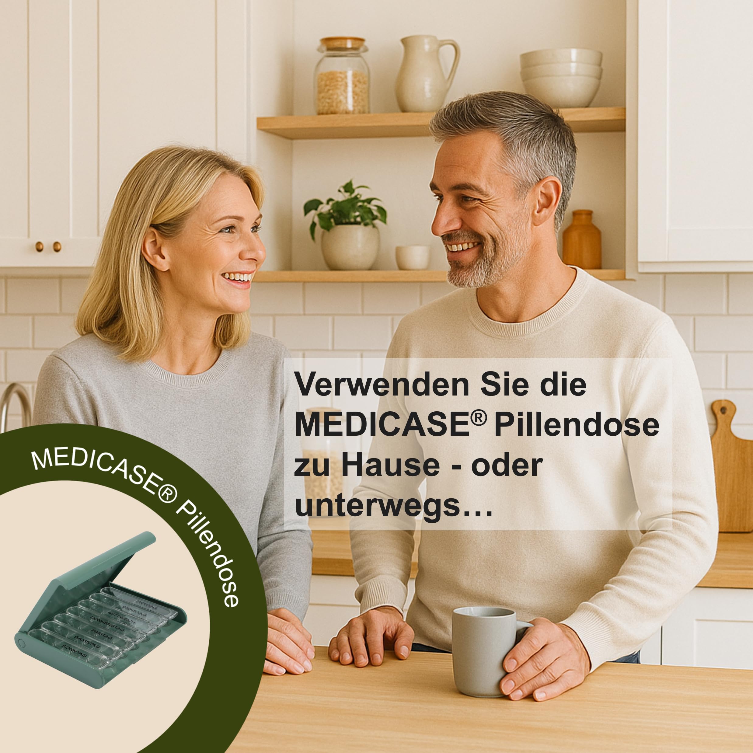 MEDICASE Exklusive und diskrete Tablettenbox 7 Tage | Dänisches Design | Hohe Qualität & Langlebigkeit | Für Heimgebrauch & Unterwegs | Kleine Dispenser, 4 Fächern, Wochentage auf Deutsch | Staub Grün 5