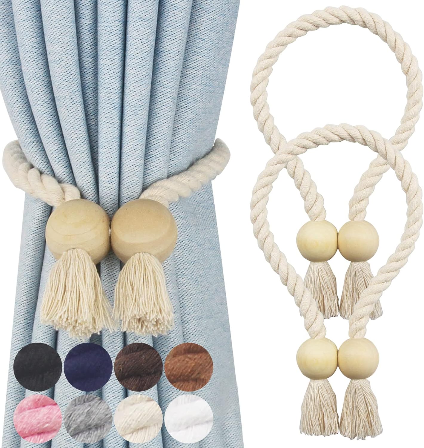 Window Treatment Hardware - Nieffeiy 2 Pack Magnetic Curtain Tiebacks Cotton Hand Woven Tie Back Decorative Rope Holdbacks for Curtains Draperies No Tools Required, Beige