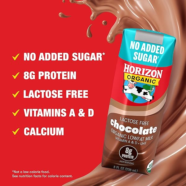 NEW HORIZON ORGANIC SHELF STABLE NO ADDED SUGAR LACTOSE FREE 1% LOWFAT CHOCOLATE MILK BOXES, PACK OF 18-8G PROTEIN PER SERVING