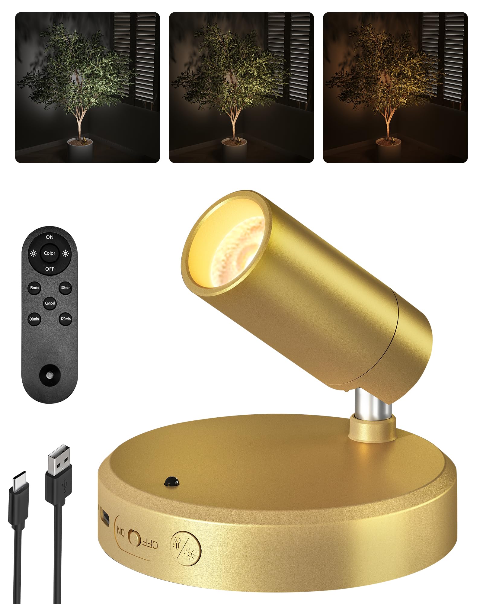 Photo 1 of EZVALO LED Spotlight Indoor, 5500mAh Rechargeable Battery Picture Lights, Wireless Mini Art Accent Spot Lights with Remote, Uplighting Indoor for Plants Display Painting Artwork Portrait (1Pack-Gold)