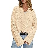 LAMISSCHE Cable Knit Sweater Women Cropped Sweaters Oversized Fall Sweaters Long Sleeve Half Button Down Pullover
