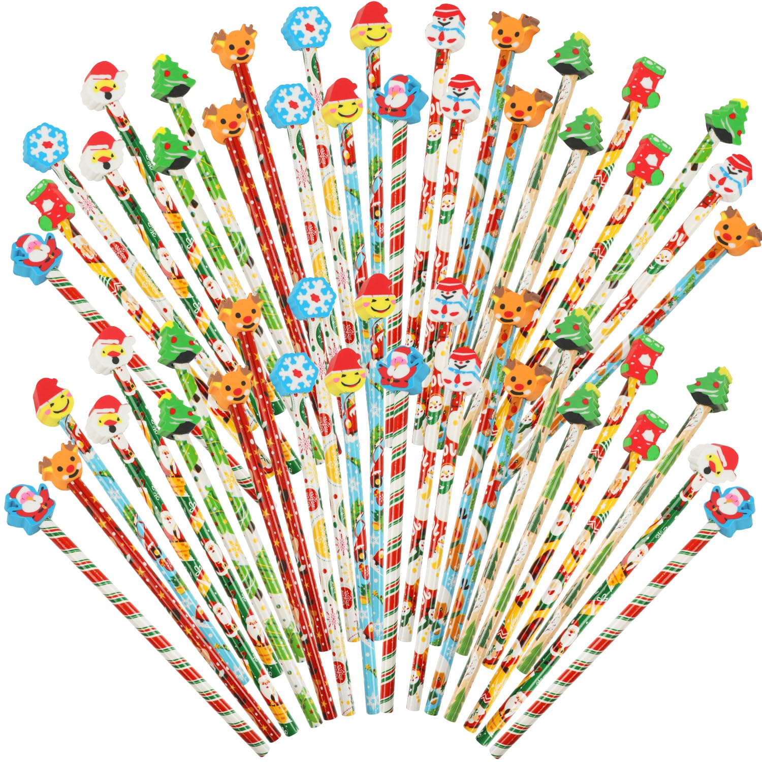 SULOLI 50PCS Christmas Pencils with Eraser Toppers Xmas Novelty Rubbers Stocking Fillers Christmas Eve Box Fillers Party Favours Kids Stationery for Boys and Girls