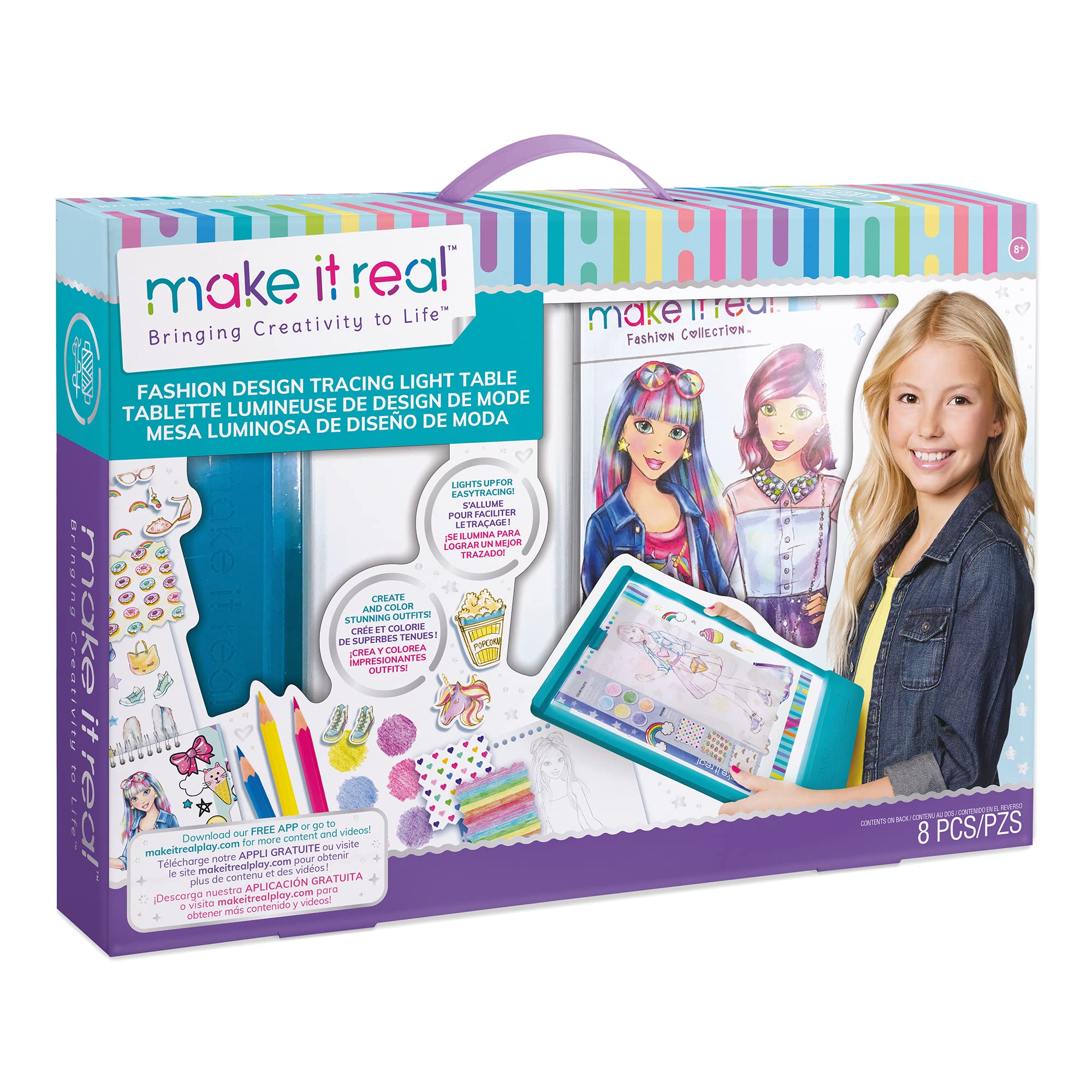 Make It Real Mega Kids Colouring Set with Light-Up Portable Tracing Table - Fashion Design Kit Includes Coloured Pencils, Sketchbook, Stencils, Stickers & Design Guide - Arts and Crafts for Kids!