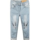 KIDSCOOL SPACE Girls Rabbit Embroidered Elastic Waist Band Inside Cute Slim Jeans