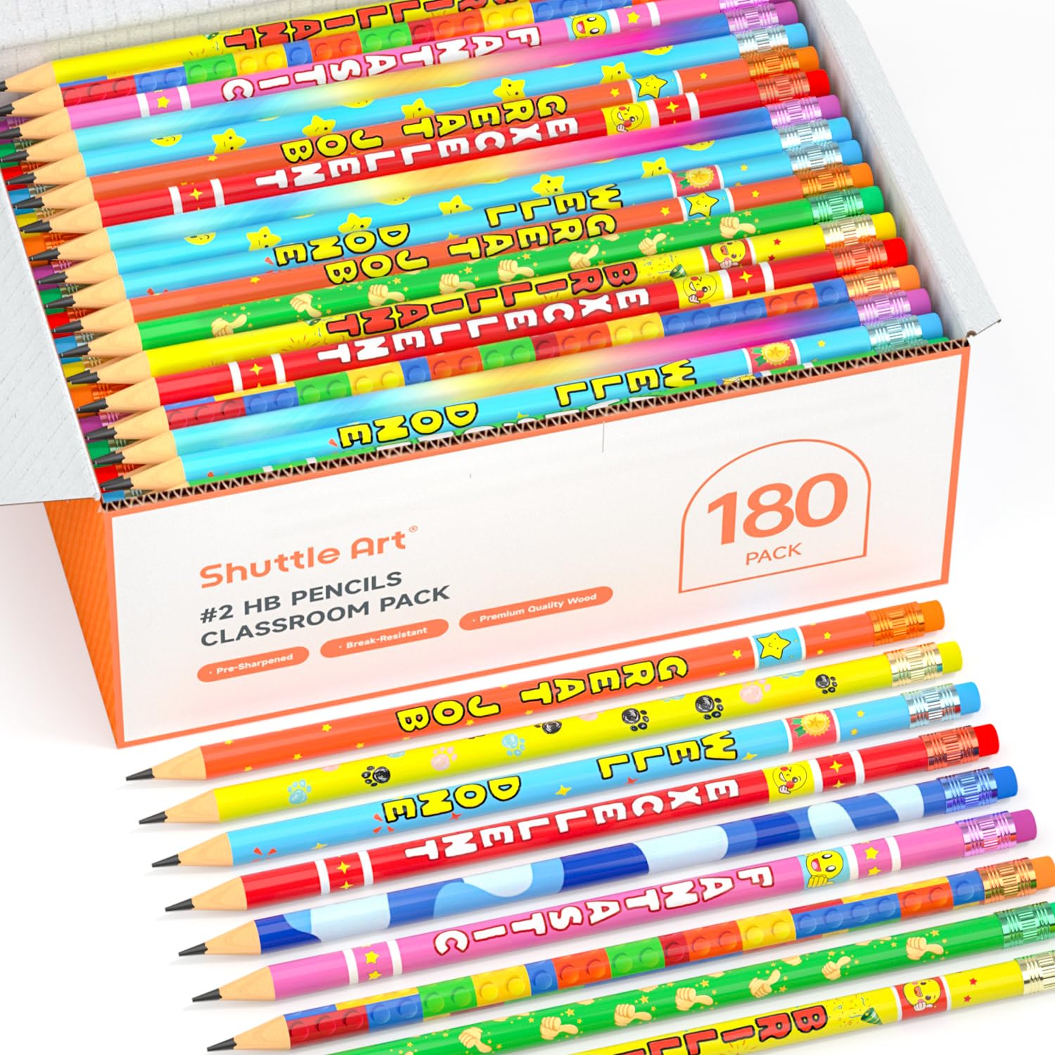 Shuttle Art #2 HB Pencils with Rubbers, 180 Pack Bulk Pencils with 12 Assorted Designs, Sharpened Pencil Set for Writing Graphiting, Classroom Wooden Pencils Set for Students, Back to School Supplies — image 1