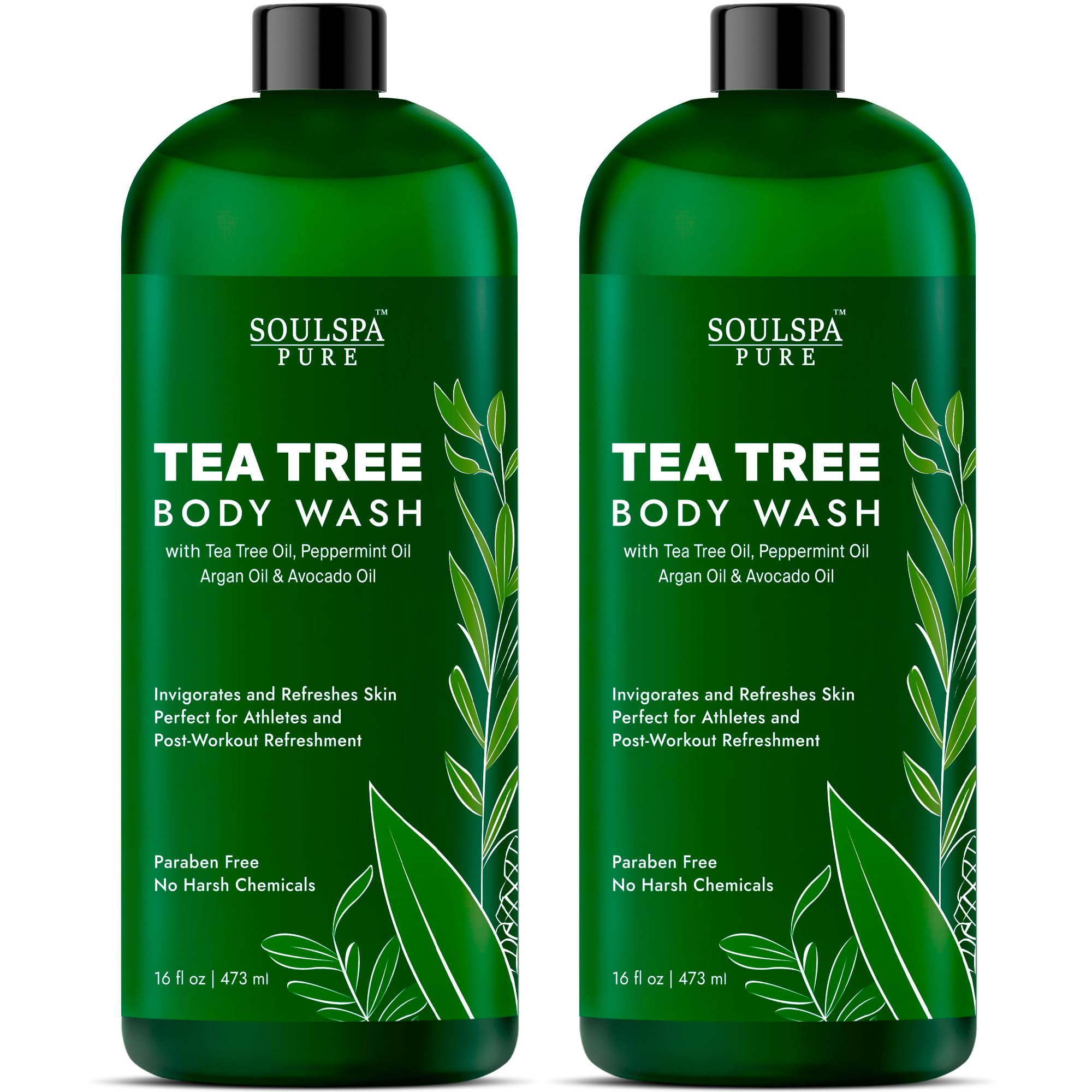 Photo 1 of SOULSPA PURE Tea Tree Body Wash Men & Women - Shower Gel Soap with Peppermint - Helps with Body Odor, Soothes Itching, Deep Cleansing Post Workouts - 16 fl oz x 2