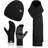 3pcs/Set Winter Beanie Hats Touchscreen Gloves Neck Warmer Scarf Set for Men with Knit Skull Caps in Cold Weather