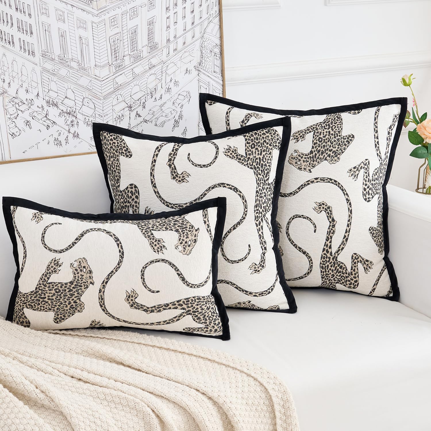 Photo 1 of HERAYLI Premium Series, Snow Leopard Throw Pillow Covers, Animal Jacquard Cushion Cases for Home Decor, Chenille Velvet Double-Sided Designs, Cream White, 20 x 20 inch, Covers Only