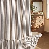 Farmhouse Shower Curtain Ruffle Linen Cream-Brown Stripe 72"W x 96"L | Farmhouse Boho, Striped, Bottom Ruffle, Linen Fabric, Rustic, Country, Natural Look, Washable, for Bathroom Bathtub
