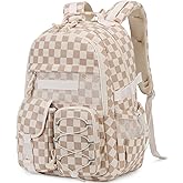 Octsky School Backpack for Teen Girls Checkered Bookbags Elementary High School Laptop Bags Women Travel Daypacks, Brown/White