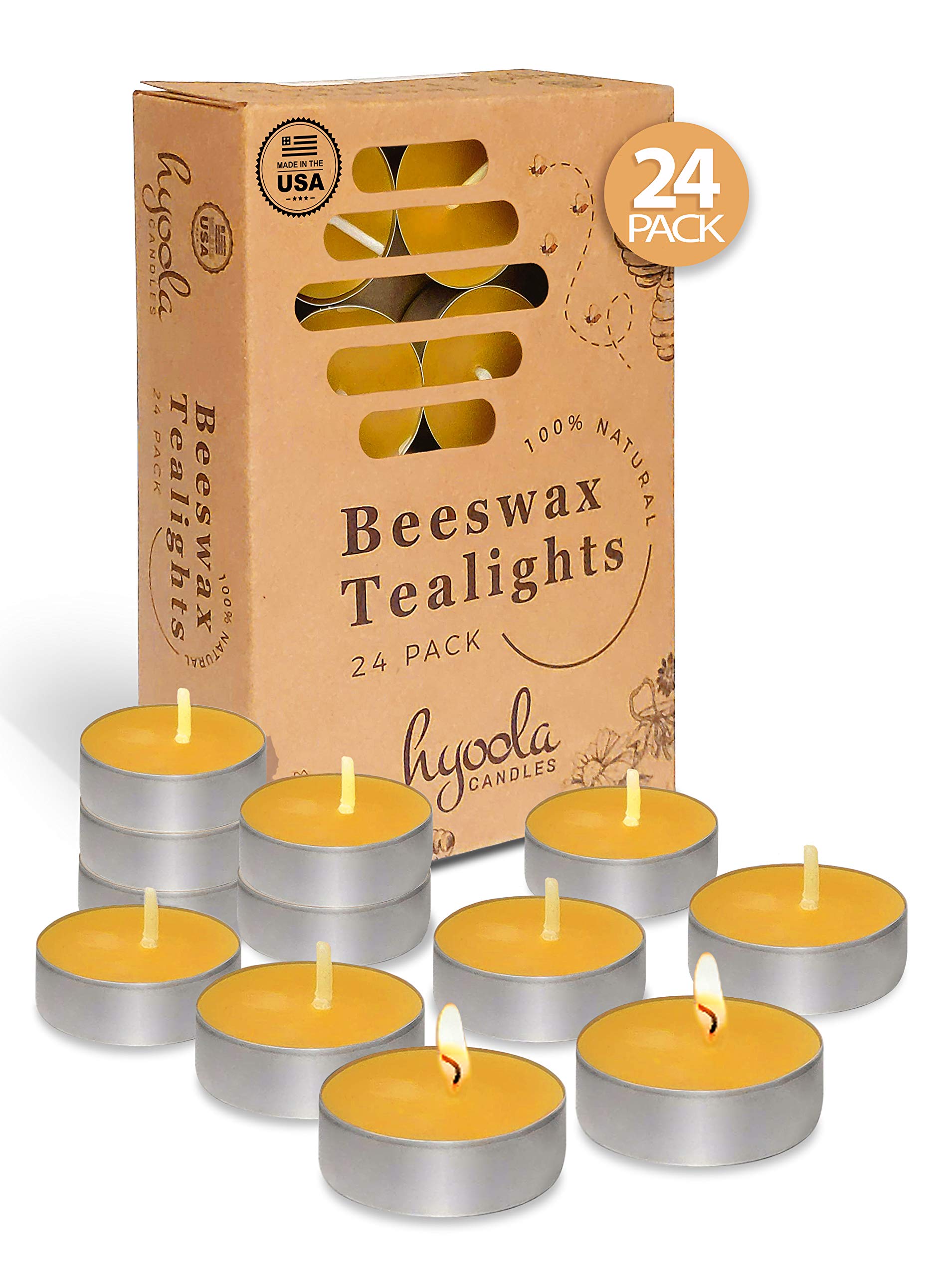 Hyoola Beeswax Tealight Candles in Aluminum Cup - 24 Pack - 100% Pure Natural Beeswax Candles