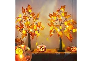 TURNMEON [ 2 Pack & Timer ] 20 Inch Prelit Fall Lighted Maple Tree Decor with 48 LED Battery Operated Artificial Tabletop Pumpkin Acorns Maple Tree Autumn Harvest Party Home Indoor Halloween Thanksgiving Decor