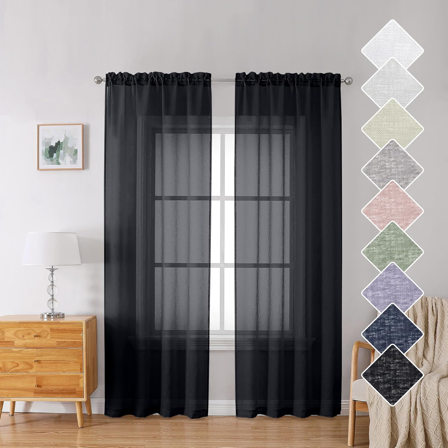 Window Treatments - Lecloud Doris Sheer Black Curtains 84 Inches Long 2 Panels Set, Aesthetic Room Decor Faux Sheer Linen Curtain & Drapes for Living Room Bedroom, Dual Rod Pockets Gauzy Slub Window Panel, 40x84 Inch