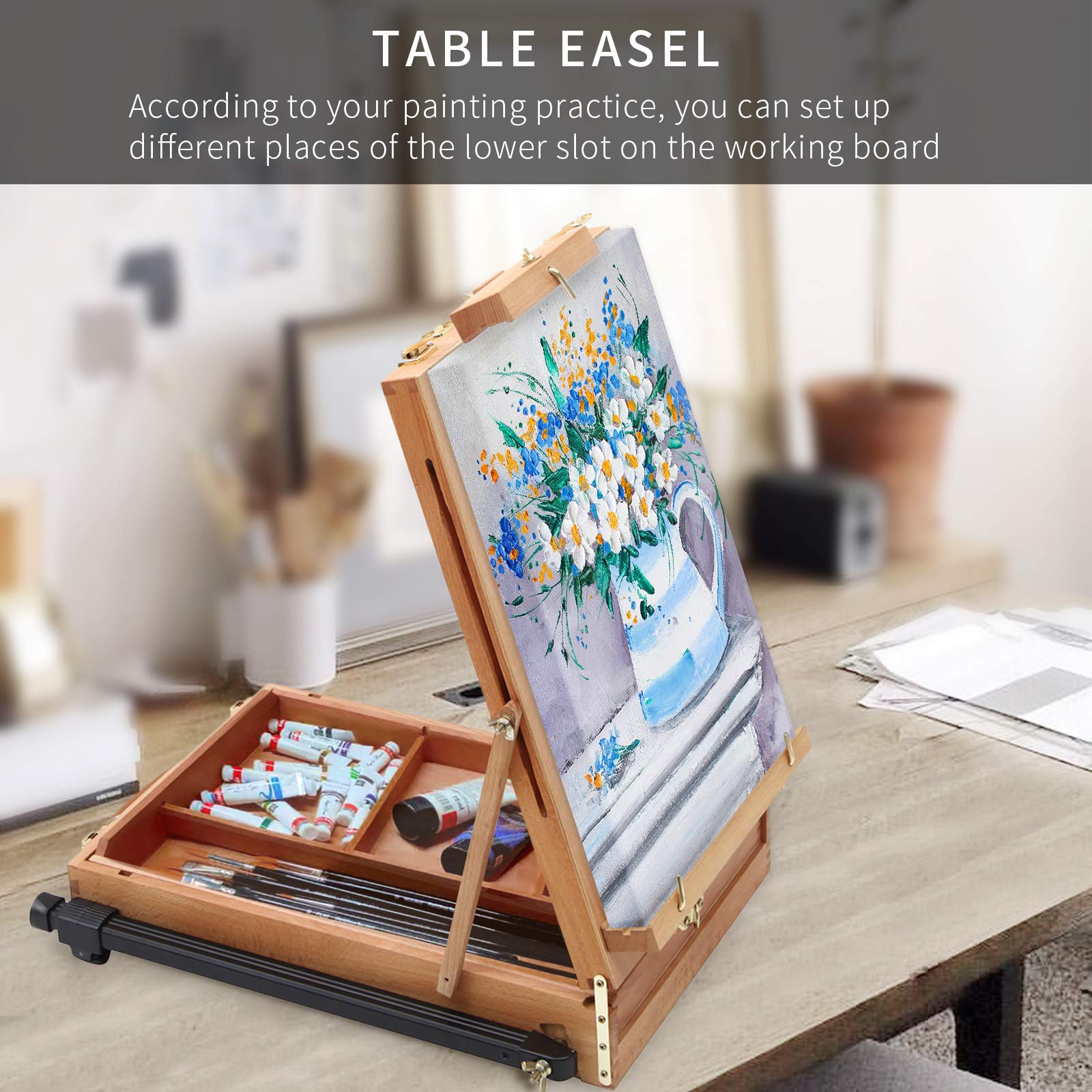 Falling in Art Light Weight French Style Field and Sketchebox Easel with Aluminum Tripod, Adjustable Beechwood Tripod Standing Easel with Drawer, Palette