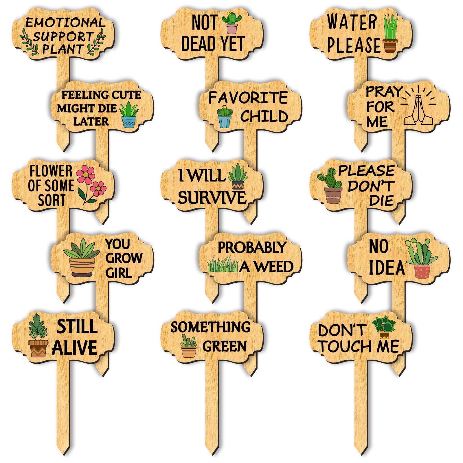 arricraft 15 Pcs Funny Plant Labels, Wooden Markers Flowers T Type Tags Garden and Greenhouse Labels with Printed Words Garden Tags for Indoor and Outdoor Potted Vegetables