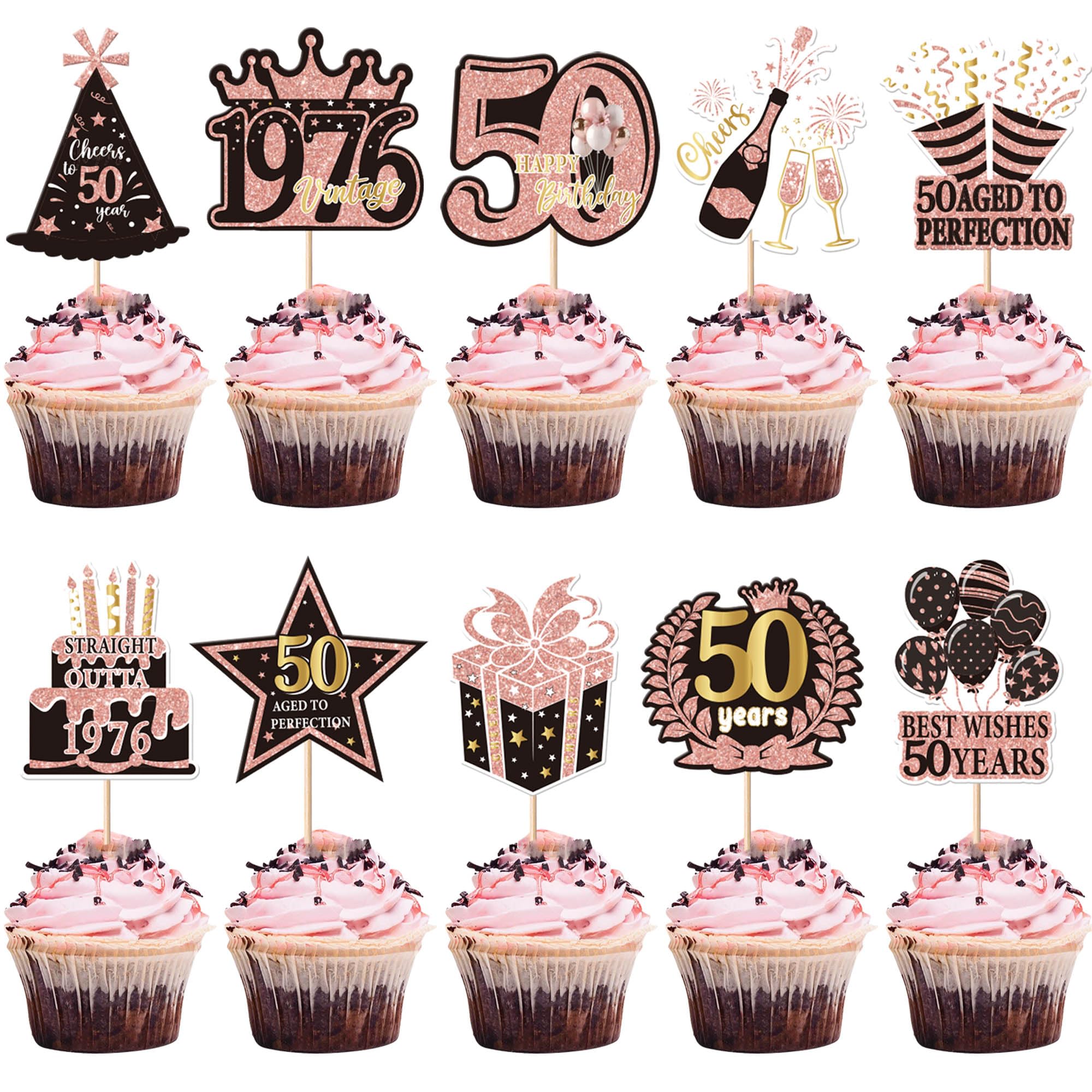 Xsstarmi 40 Pack 50th Birtday Cupcake Toppers Straight Outta 1976 Best Wishes 50 Years Aged to Perfection Cupcake Picks for Cheers to 50 Birthday Party Cake Decorations Supplies
