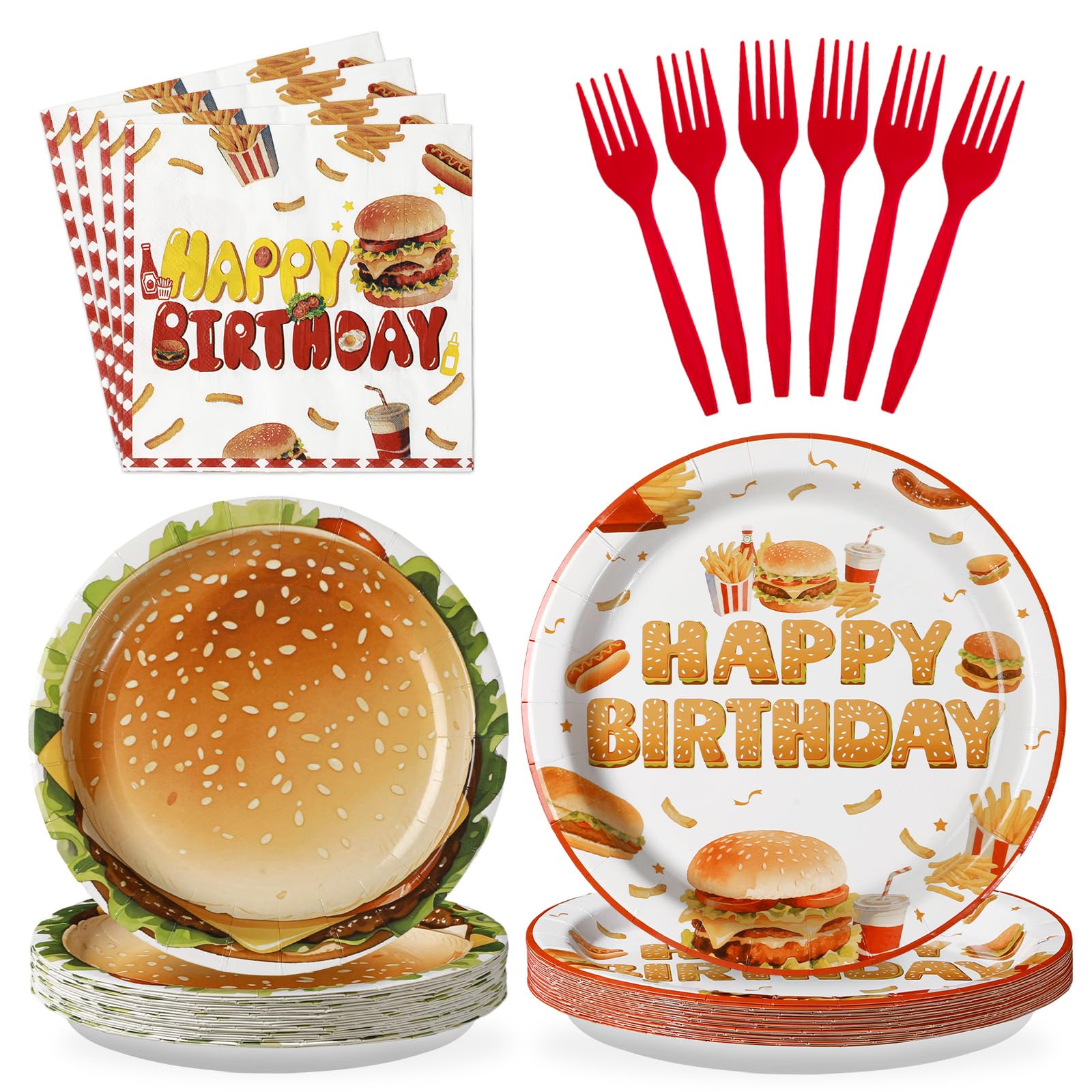 Photo 1 of Grencian 96Pcs Summer BBQ Birthday Party Decoration Fast Food Hamburger Plates and Napkins Disposable Barbecue Supplies Picnic Tableware for Summer Food Themed Birthday Party Decorations Serves 24