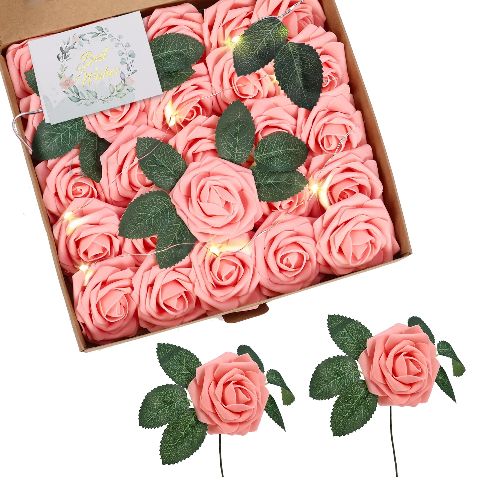 Warmiehomy Pink Fake Roses Artificial Flowers 25pcs Artificial Roses with Stem Faux Foam Roses with Light & Gift Card for Wedding Bridal Bouquets Table Centerpieces Arrangement