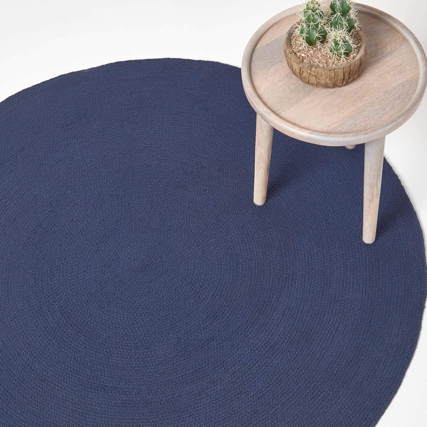 HOMESCAPES Navy Blue Handmade Braided Round Rug For Bedroom & Living