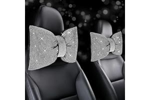 CHULIAN 2 PCS Bling Car Pillows, Rhinestones Bowknot Bling Car Headrest Pillow, Car Neck Pillow for Driver Cool Relax Necksupport, White Crystal Diamond Car Accessories for Women