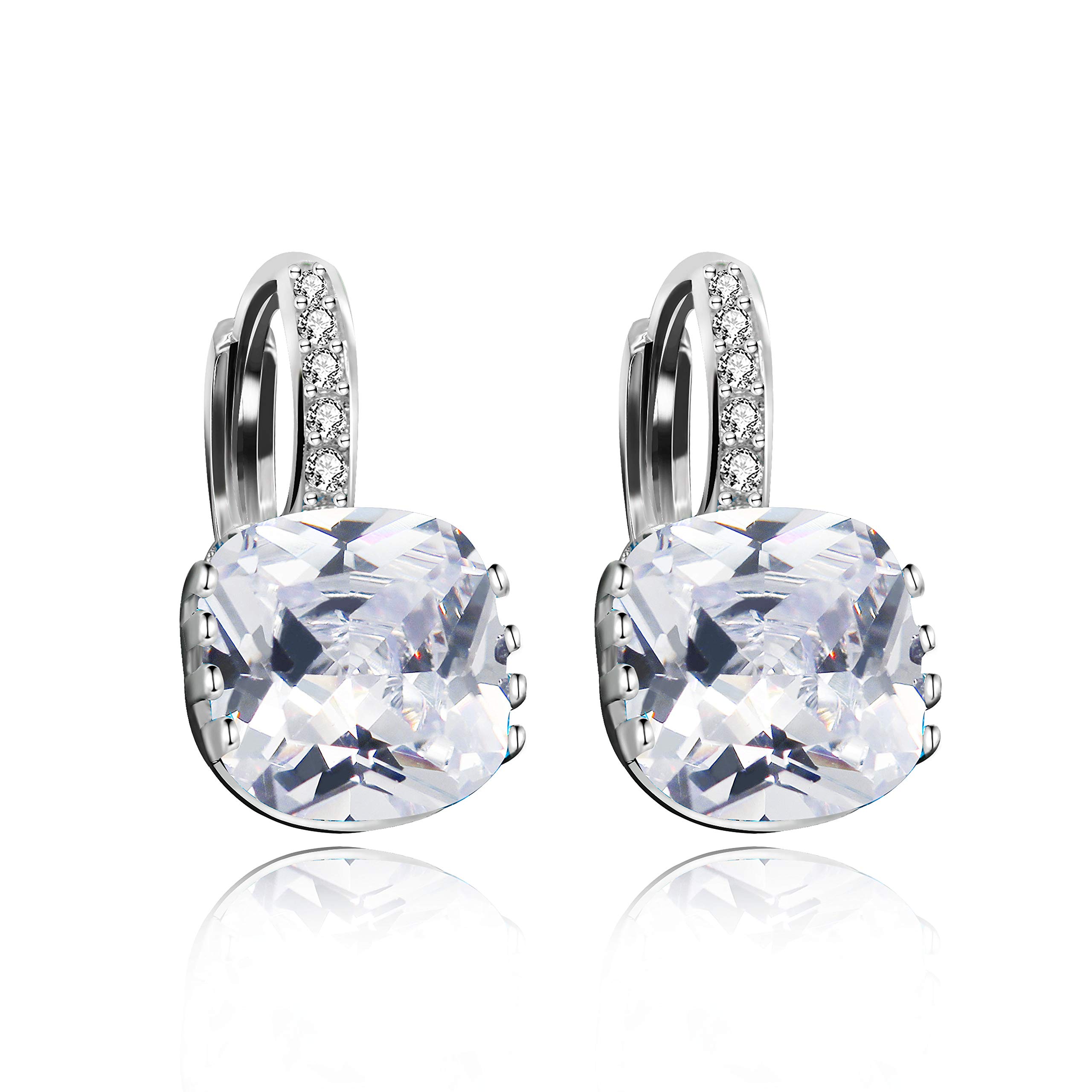Uloveido Unique Cushion Cut White Cubic Zirconia Lever-back Earrings Crystal Hoop Earrings Birthday Gifts for Women DML115