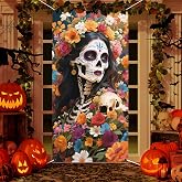 Day of The Dead Door Cover,Dia De Los Muertos Porch Sign Banner Gothic Halloween Sugar Skull Rose Flowers Backdrop Mexican Fiesta Party Decorations and Supplies for Home House Outdoor Decor